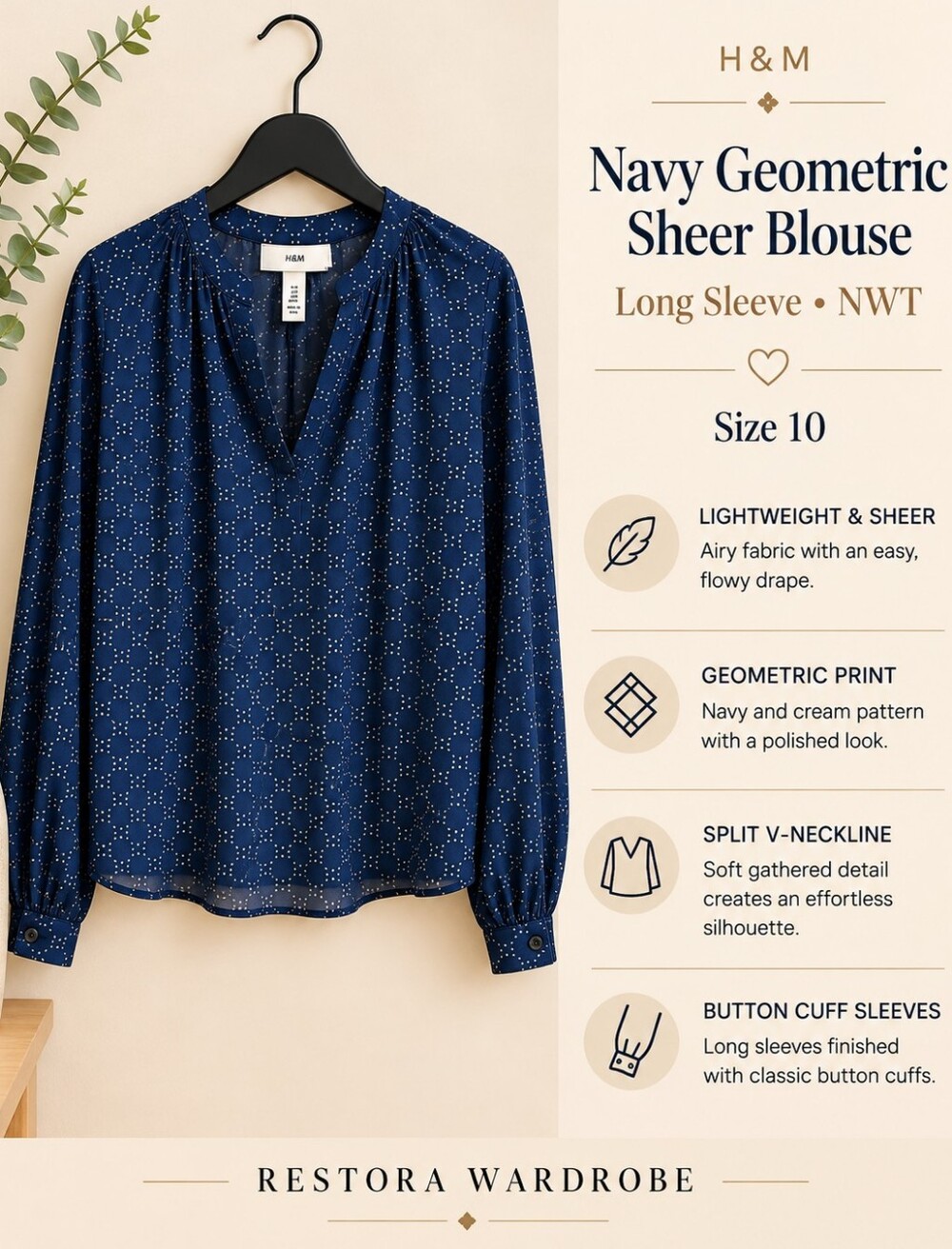 H&M Navy Geometric Sheer Blouse Boho Long Sleeve Size 10 NWT
